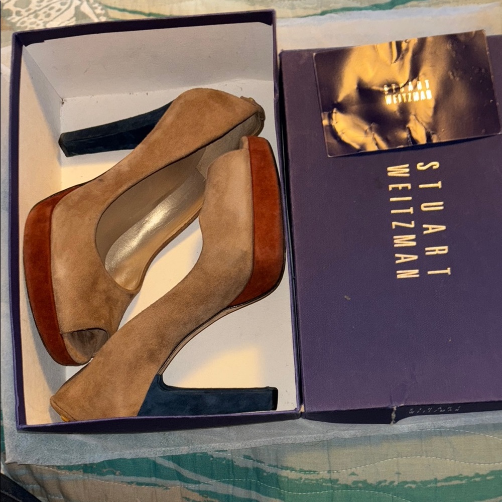 Stuart Weitzman Women's Beige and Burnt Orange Platform Heels 8.5M
